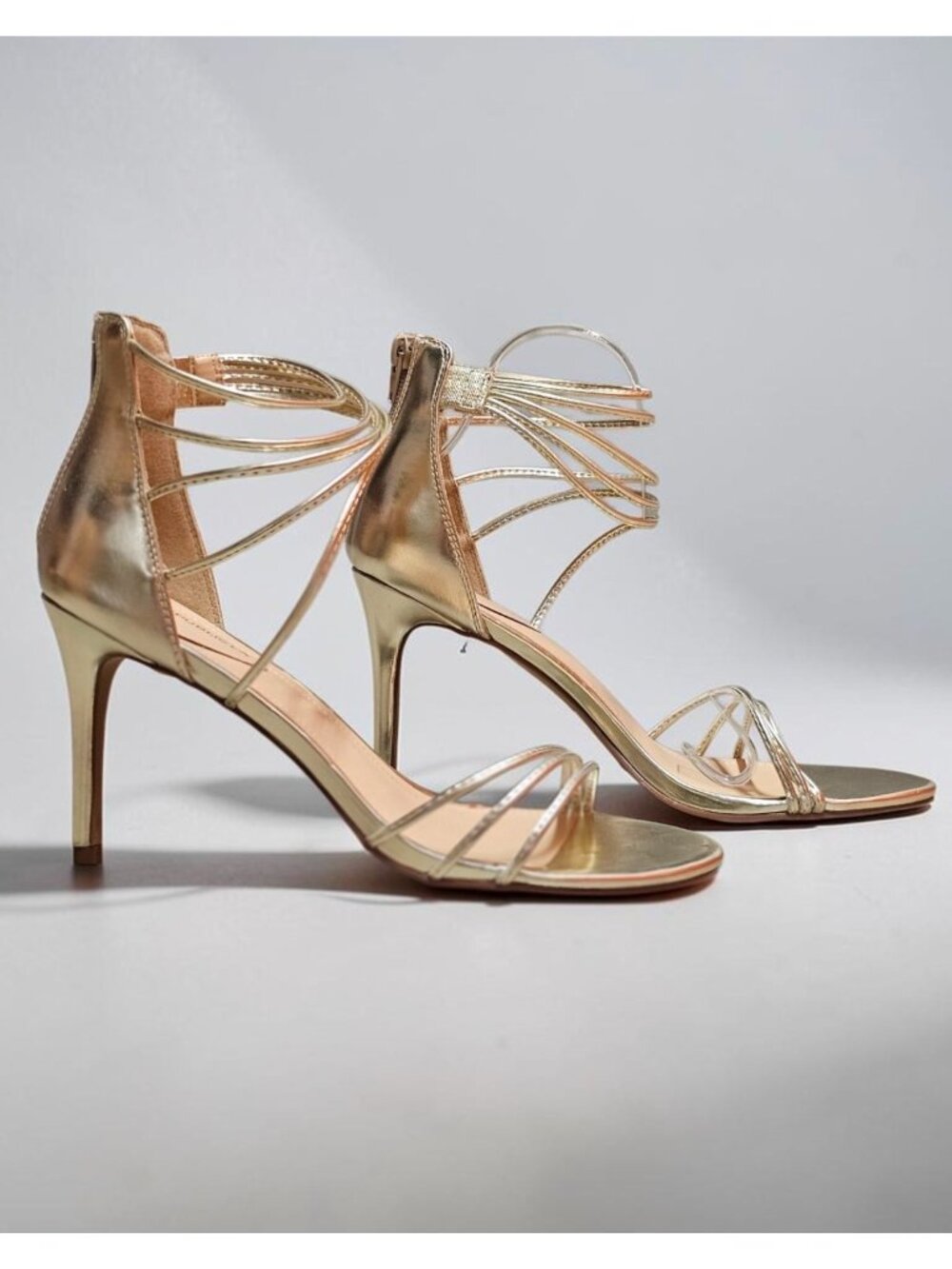 WomenS Gold Strappy Stiletto Sandals Open Toe Ankle Zip Dress Heels